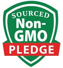 A green shield with the words " sourced non-gmo pledge ".