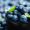 A bowl of blueberries with leaves on the side.