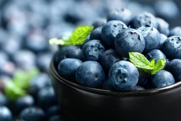 A bowl of blueberries with leaves on the side.