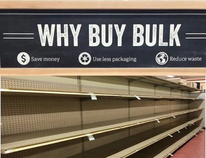 A sign that says why buy bulk ?