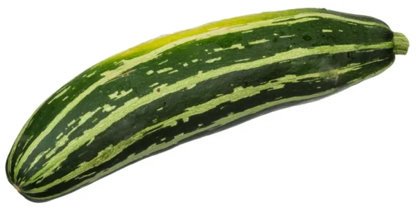 A cucumber is shown with green stripes.
