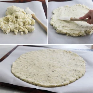 Three images of cauliflower powder pizza making process