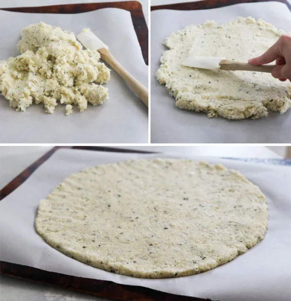 Three images of cauliflower powder pizza making process